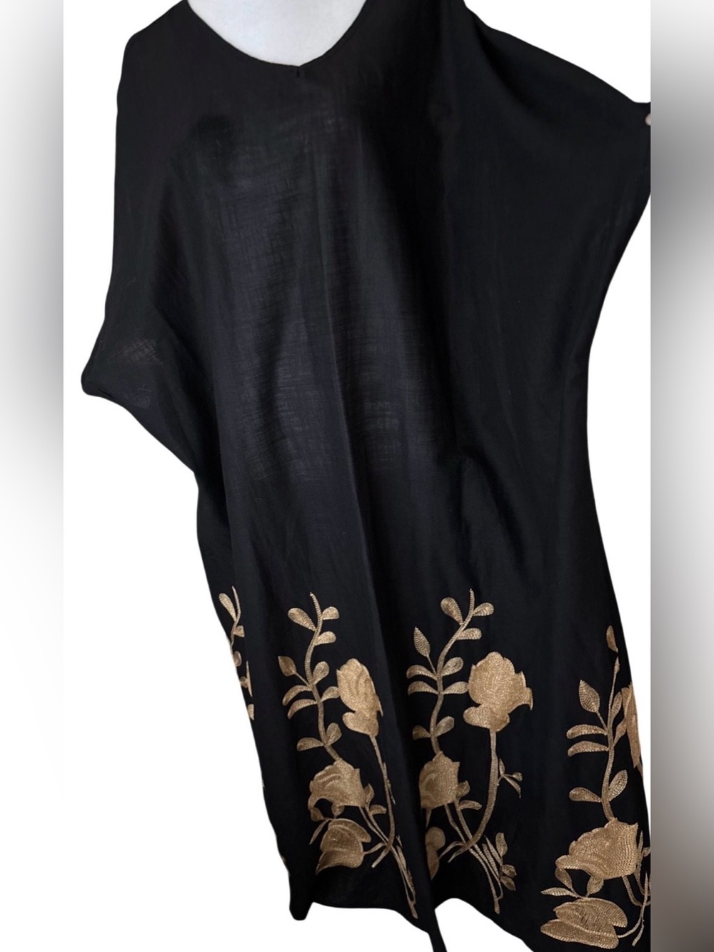 SHEIN Black Lightweight sheer gold embroidered floral kaftan dress loungewear 3X